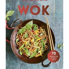Framsida av kokbok "WOK" med färgglada grönsaker och nudlar i en wok. 70 recept från Asien.